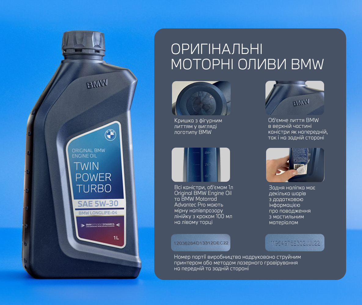 Асортимент оригінальних моторних олив BMW.